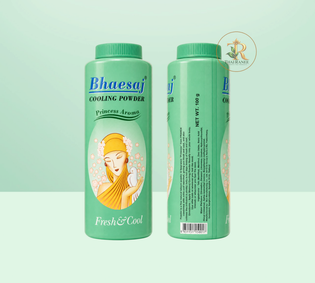 Thai Ranee Bhaesaj Cooling Powder Princess Aroma in a green bottle with floral illustration and product details