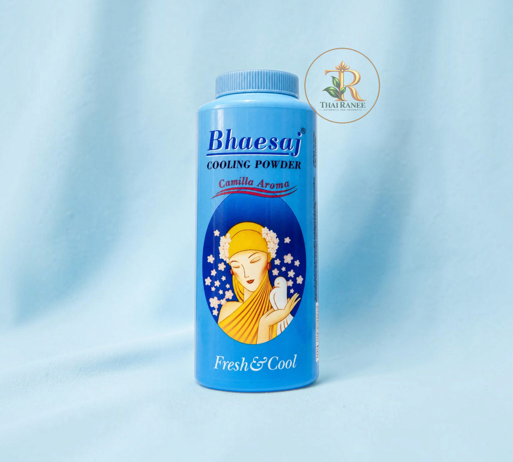Thai Ranee Bhaesaj Cooling Powder in Camilla Aroma scent, a blue bottle featuring a floral illustration.