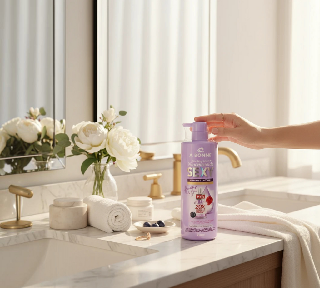 Thai Ranee A BONNE Healthy Glow Niacinamide Sexy Essence Lotion with berry extract on a bathroom vanity