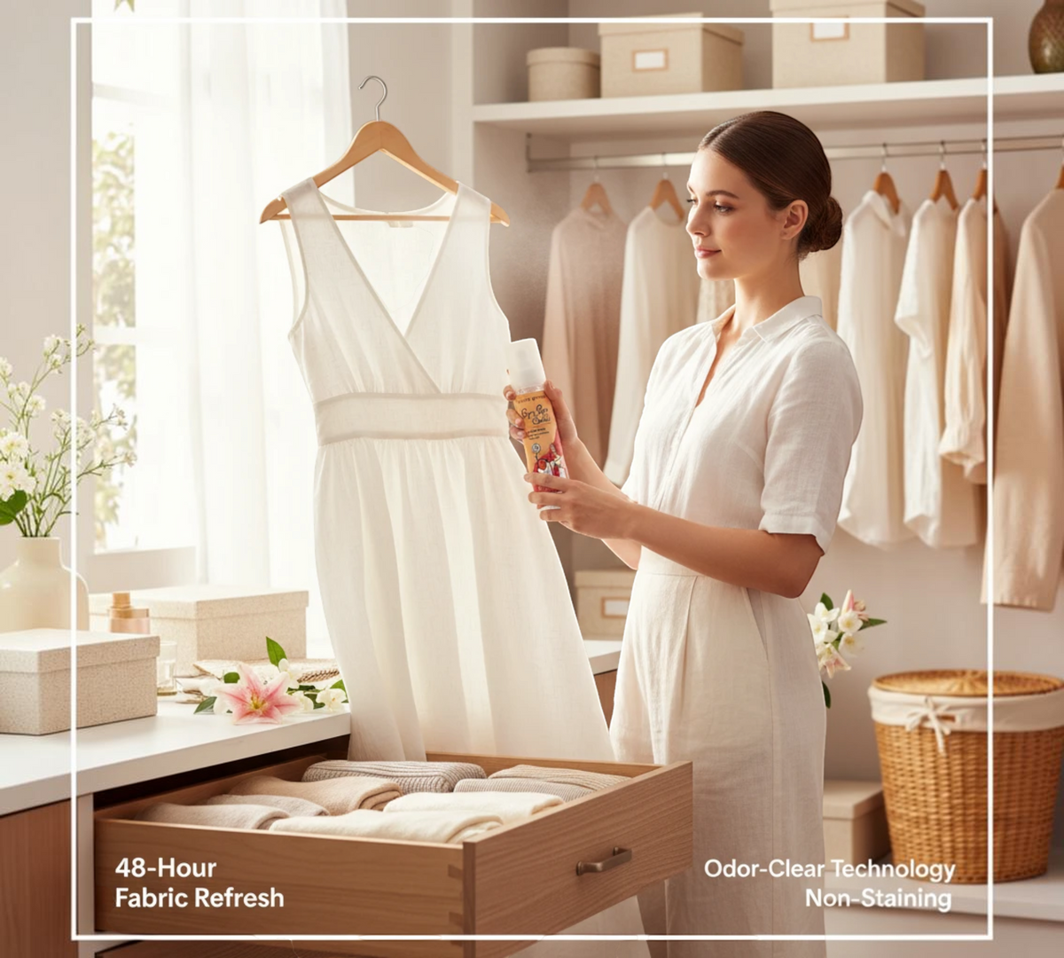 Thai Ranee cute press Bye Bye Smell linen mist spray being used by a woman to refresh a white linen dress
