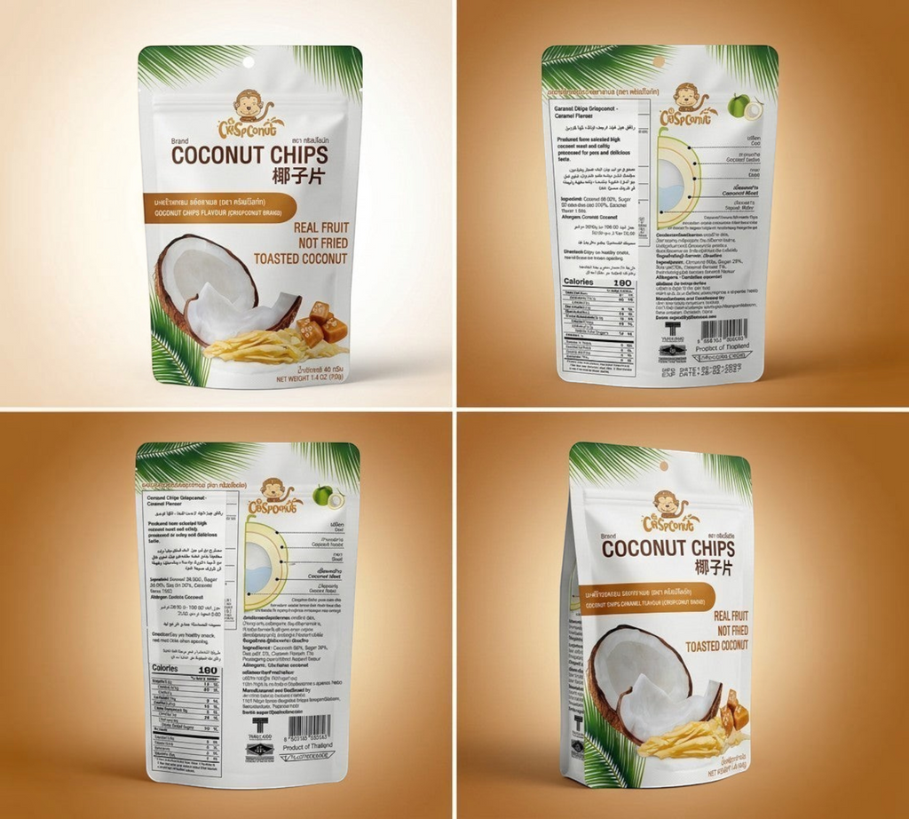 Thai Ranee Crispconut caramel flavoured toasted coconut chips in a resealable pouch with nutritional information.