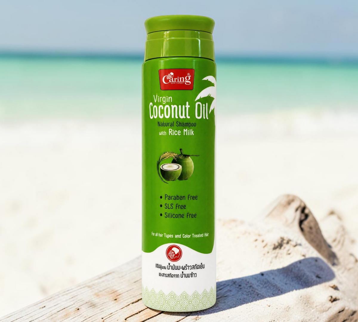 Thai Ranee Caring virgin coconut oil and rice milk natural shampoo in a green bottle, paraben and silicone free.