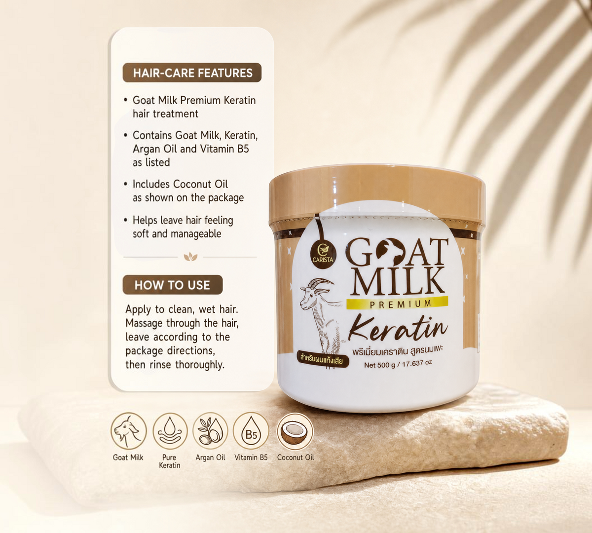 Thai Ranee Carista Goat Milk Premium Keratin hair treatment jar on a stone surface with ingredient icons