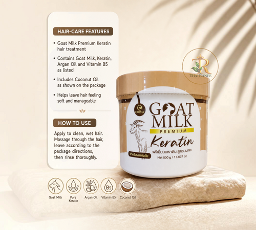 Thai Ranee Carista Goat Milk Premium Keratin hair treatment jar on a stone surface with ingredient icons
