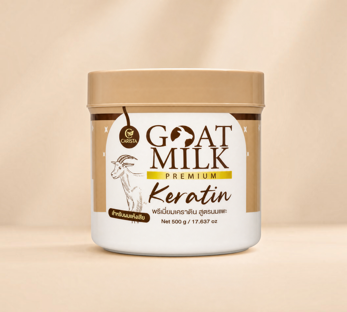 Thai Ranee Carista Goat Milk Premium Keratin hair treatment in a 500g jar for dry and damaged hair care.