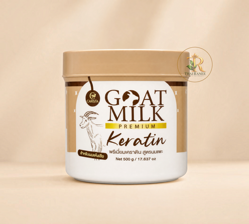 Thai Ranee Carista Goat Milk Premium Keratin hair treatment in a 500g jar for dry and damaged hair care.