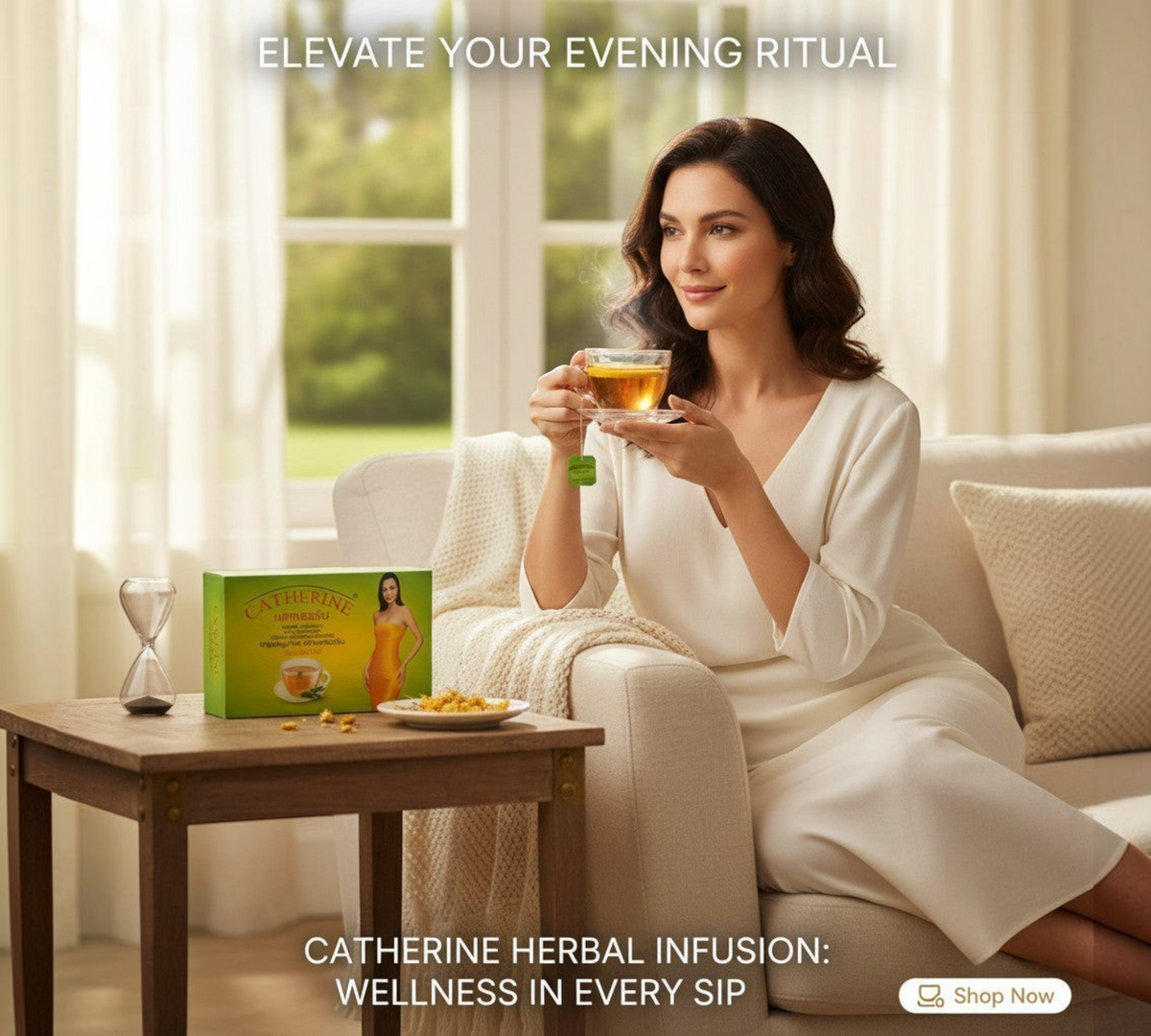 Thai Ranee CATHERINE chrysanthemum herbal tea box next to a woman in a white dress enjoying a warm cup of tea