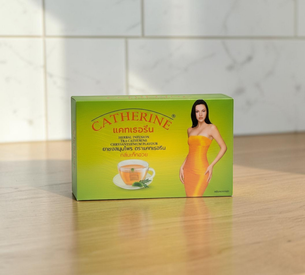 Thai Ranee CATHERINE chrysanthemum herbal infusion tea box with a model in a yellow dress and a cup of tea illustration