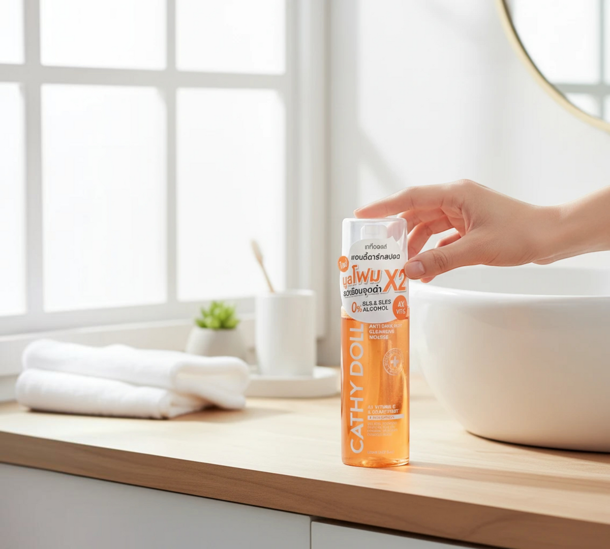 Thai Ranee Cathy Doll Anti Dark Spot Cleansing Mousse in a clear pump bottle on a bathroom counter