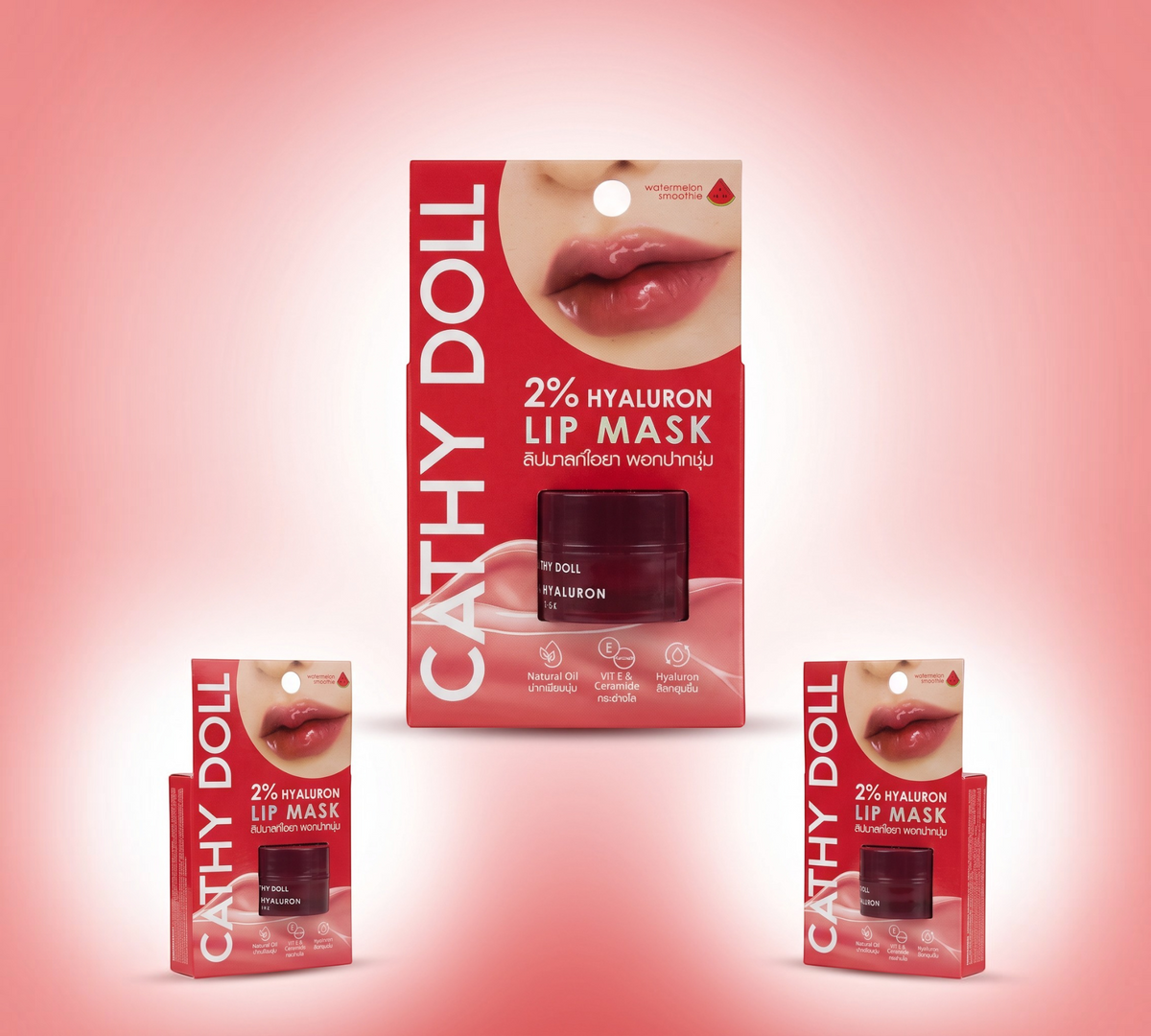 Thai Ranee Cathy Doll 2% Hyaluron Lip Mask in Watermelon Smoothie packaging with hydrating treatment jar