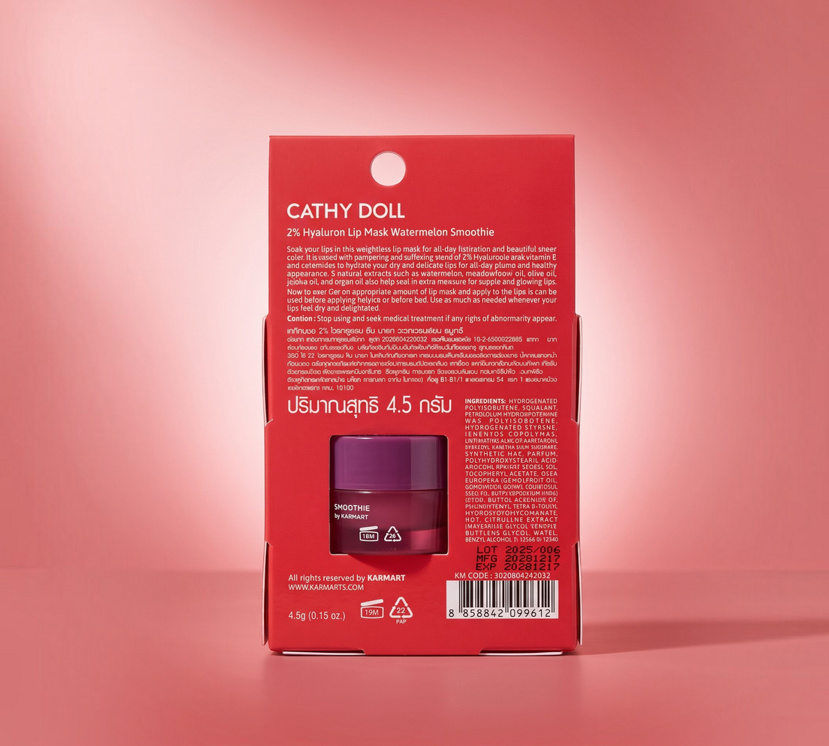 Thai Ranee Cathy Doll 2% Hyaluron Lip Mask Watermelon Smoothie packaging back view with ingredients and product details