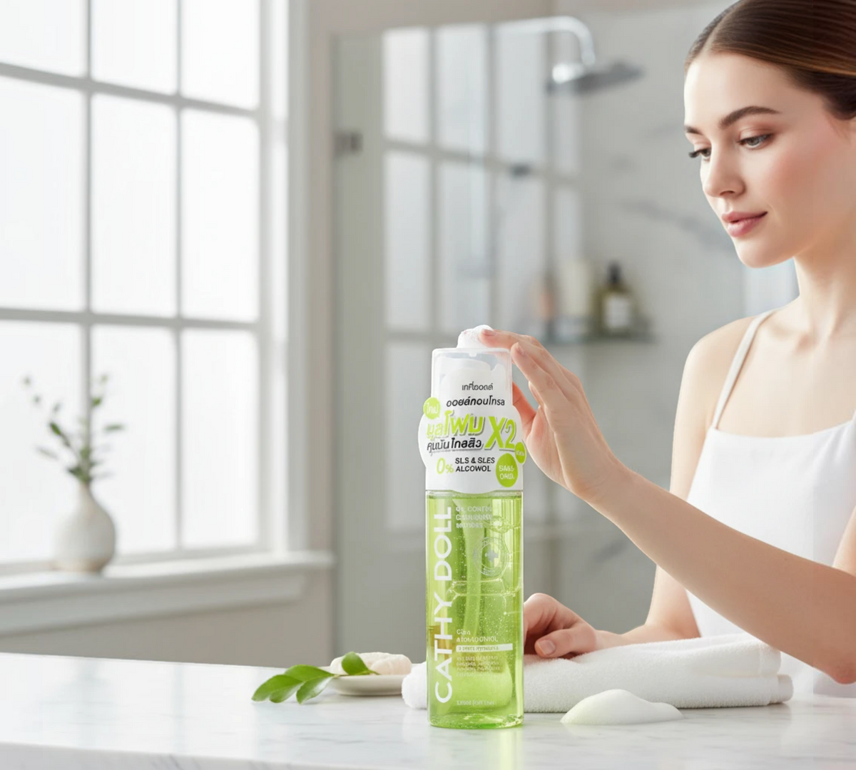 Thai Ranee Cathy Doll Oil Control Cleansing Mousse with Cica and Bakuchiol in a pump bottle held by a woman.
