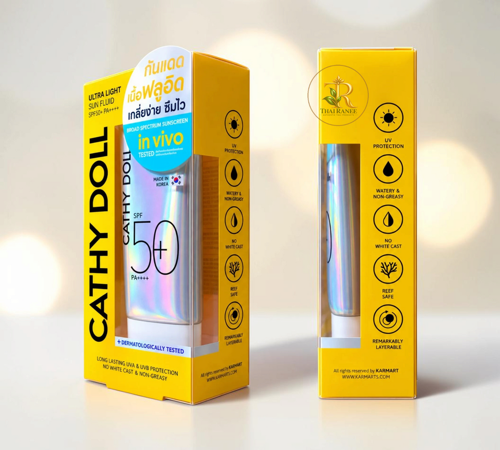 Thai Ranee Cathy Doll Ultra Light Sun Fluid SPF50+ PA++++ sunscreen in yellow packaging with holographic tube