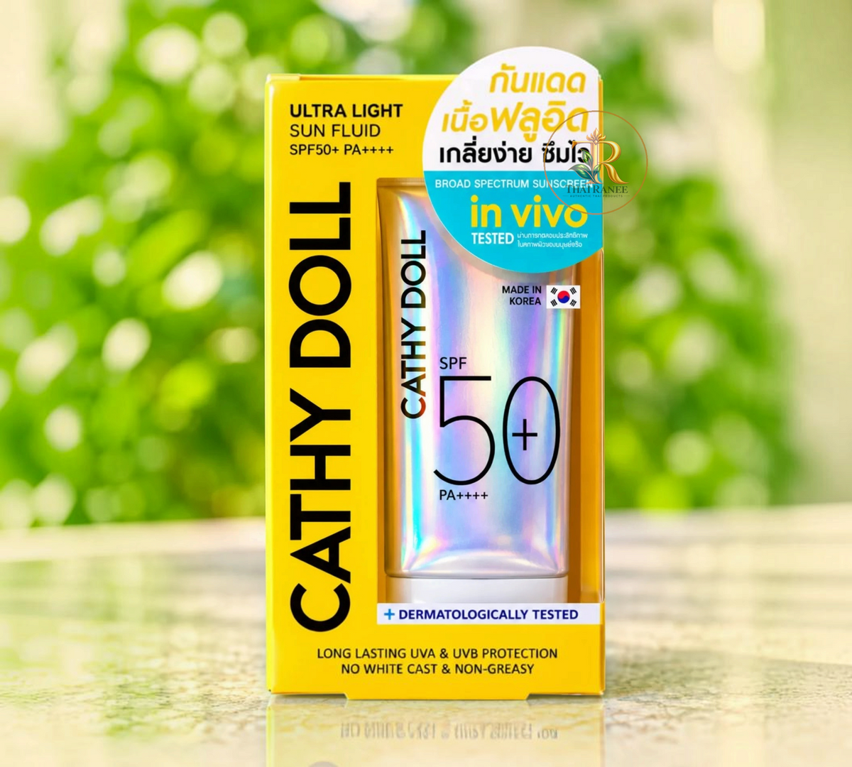 Thai Ranee Cathy Doll Ultra Light Sun Fluid SPF50+ PA++++ sunscreen in yellow packaging for daily UV protection