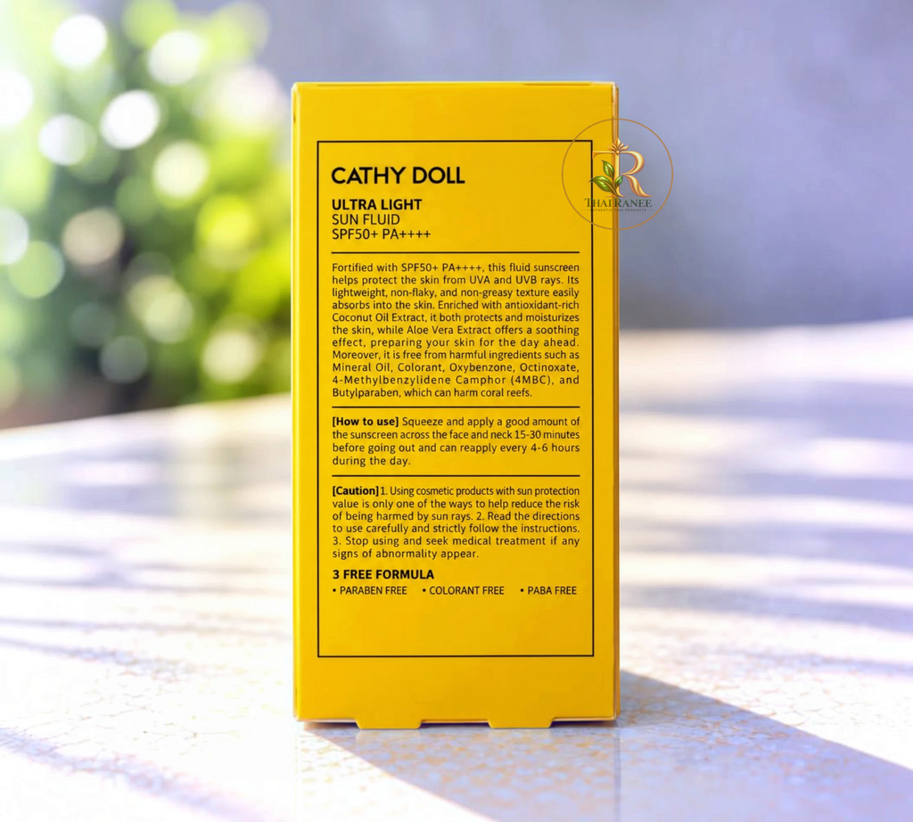 Thai Ranee Cathy Doll Ultra Light Sun Fluid SPF50+ PA++++ sunscreen box with yellow packaging and product details.