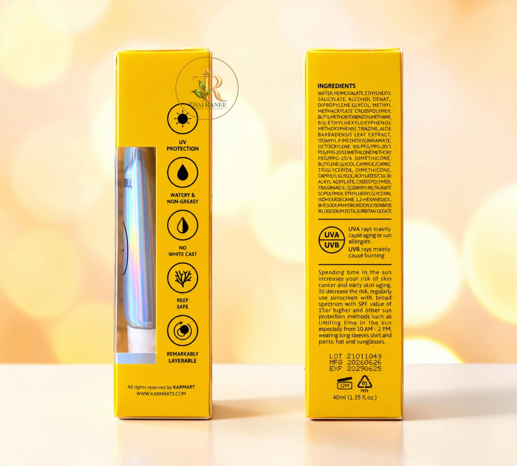 Thai Ranee Cathy Doll Ultra Light Sun Fluid packaging showing product benefits and ingredient list on yellow box