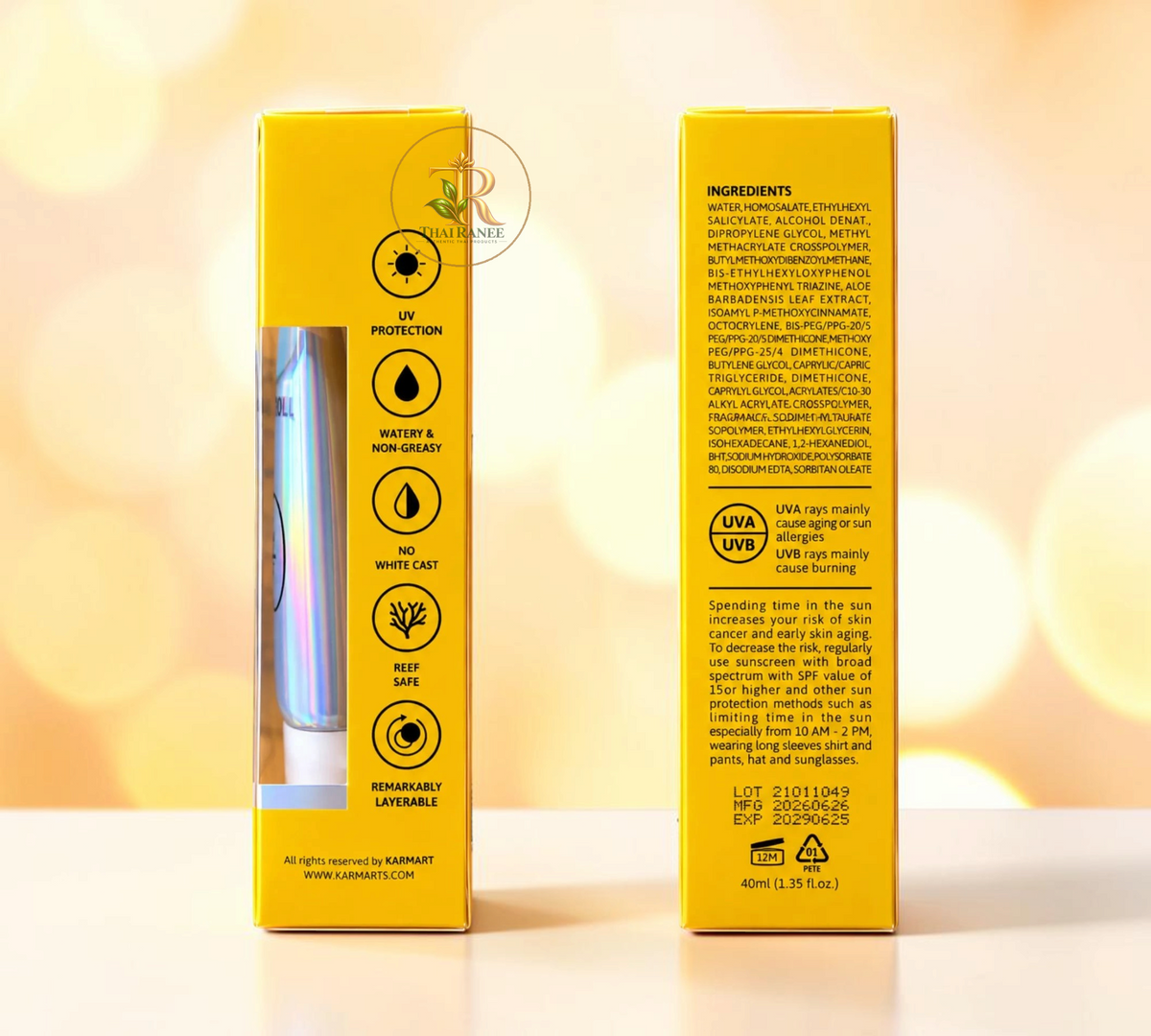 Thai Ranee Cathy Doll Ultra Light Sun Fluid packaging showing product benefits and ingredient list on yellow box