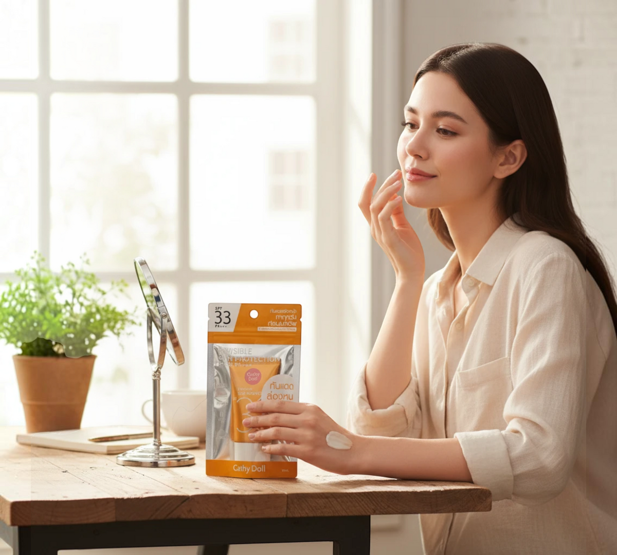 Thai Ranee Cathy Doll Invisible Sun Protection SPF 33 PA+++ sunscreen pouch held by a woman at a wooden table