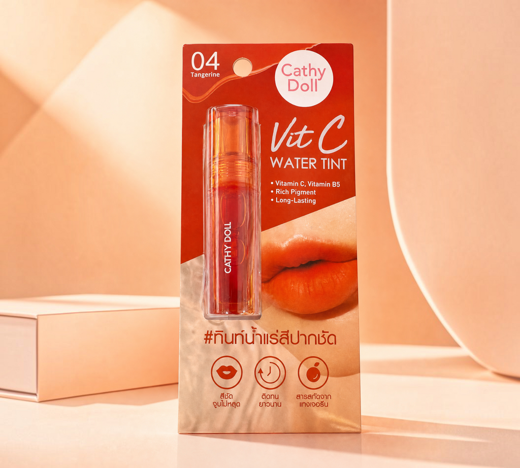 Thai Ranee Cathy Doll Vit C Water Tint in shade 04 Tangerine, a lightweight, long-lasting orange lip tint in packaging.