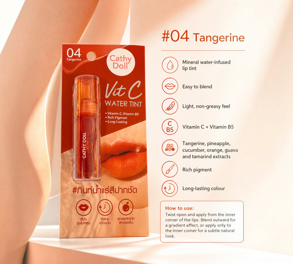 Thai Ranee Cathy Doll Vit C Water Tint in #04 Tangerine, a lightweight mineral-water-infused lip tint with fruit extracts.