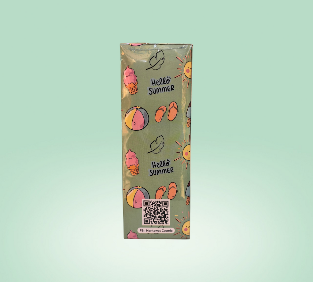 Thai Ranee CC Body Sunscreen lotion packaging with green Hello Summer print featuring ice cream and beach icons