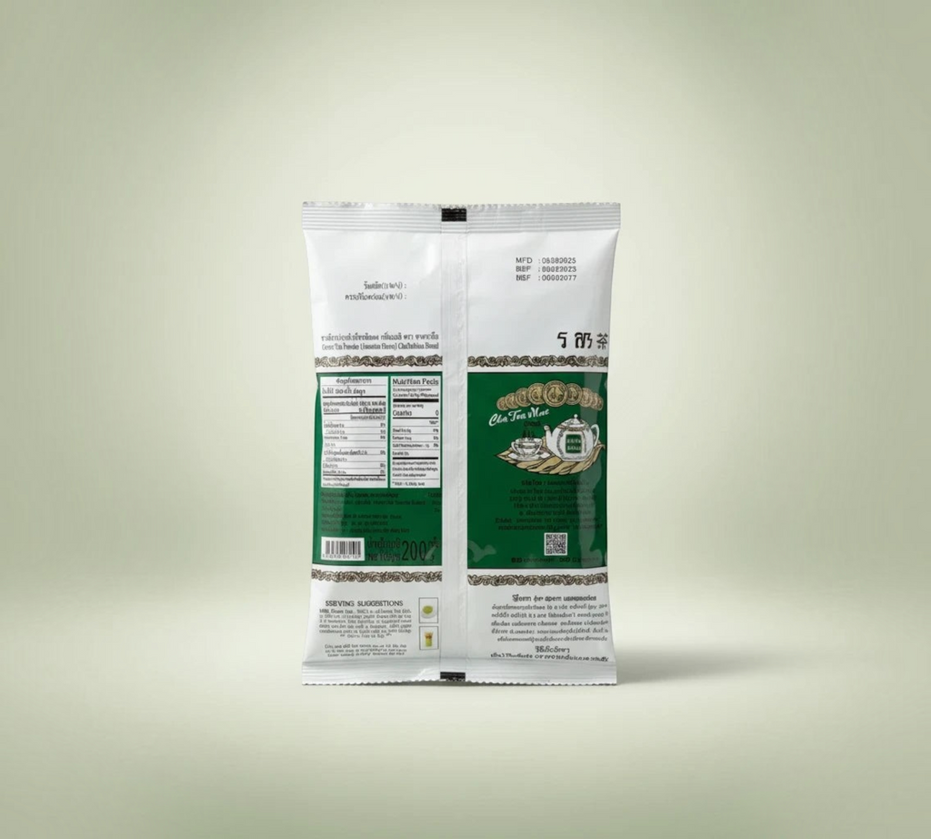 Back view of Thai Ranee ChaTraMue Brand instant green tea mix powder refill pack with nutritional information