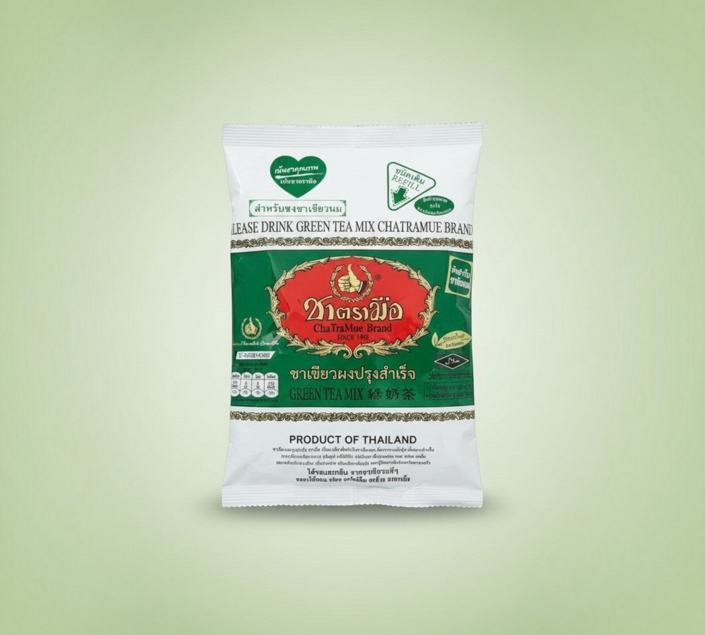 Thai Ranee ChaTraMue Brand instant green tea mix powder in a white and green refill pouch for authentic Thai tea.