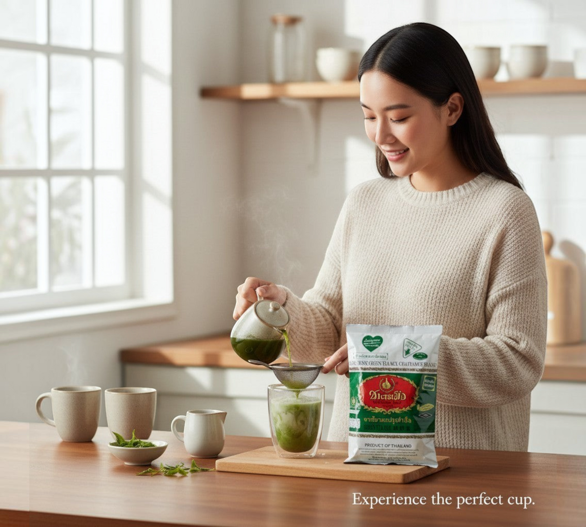 Thai Ranee ChaTraMue instant green tea mix powder being poured into a glass by a woman in a cozy kitchen setting