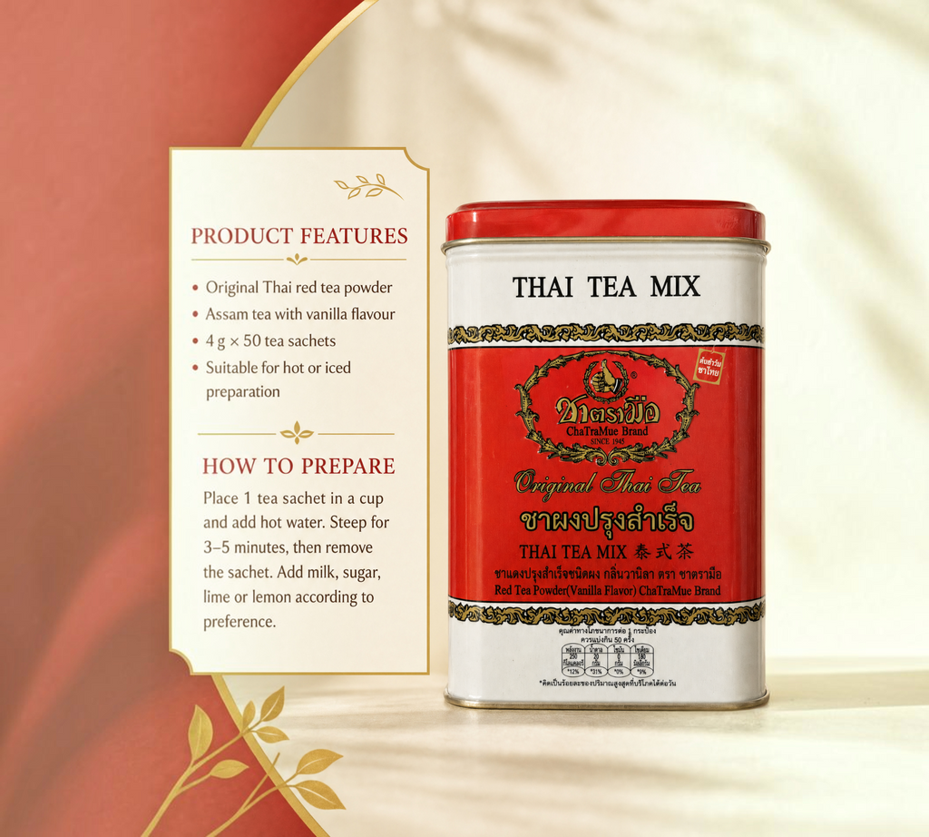 Thai Ranee ChaTraMue Brand red tea powder tin with vanilla flavor, containing 50 individual sachets for Thai tea.
