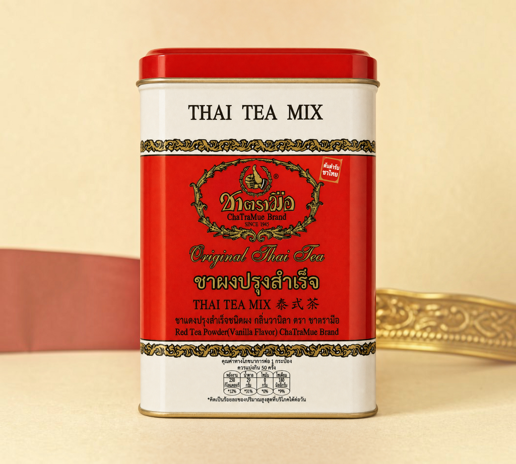 Thai Ranee ChaTraMue Brand red Thai tea mix in a 200g tin with vanilla flavor and 50 individual sachets