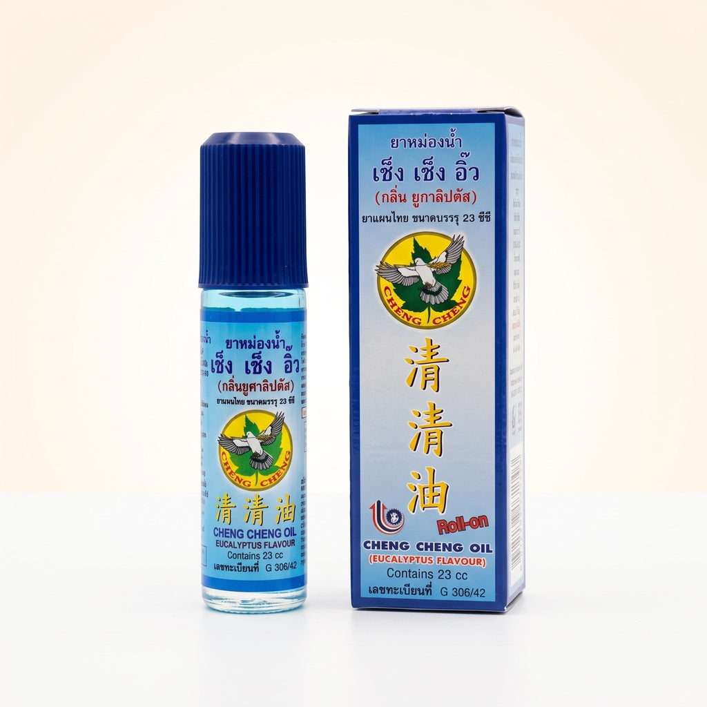 Thai Ranee Cheng Cheng Oil roll-on with eucalyptus flavour in a 23cc bottle and its blue and white packaging box.