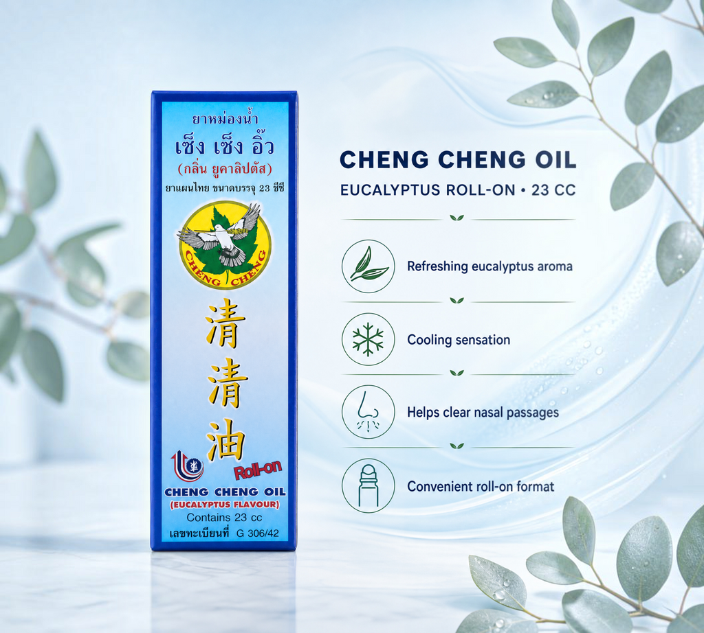 Thai Ranee Cheng Cheng Oil eucalyptus roll-on herbal balm for cooling relief in a 23cc blue box with leaf accents.