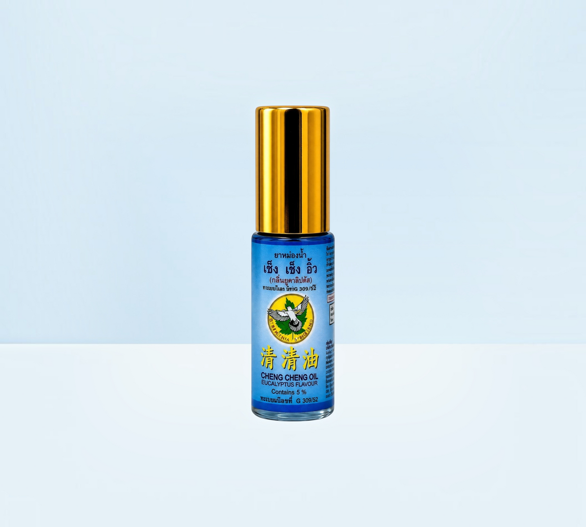Thai Ranee CHENG CHENG eucalyptus herbal roll-on oil in a clear glass bottle with a gold cap for quick relief