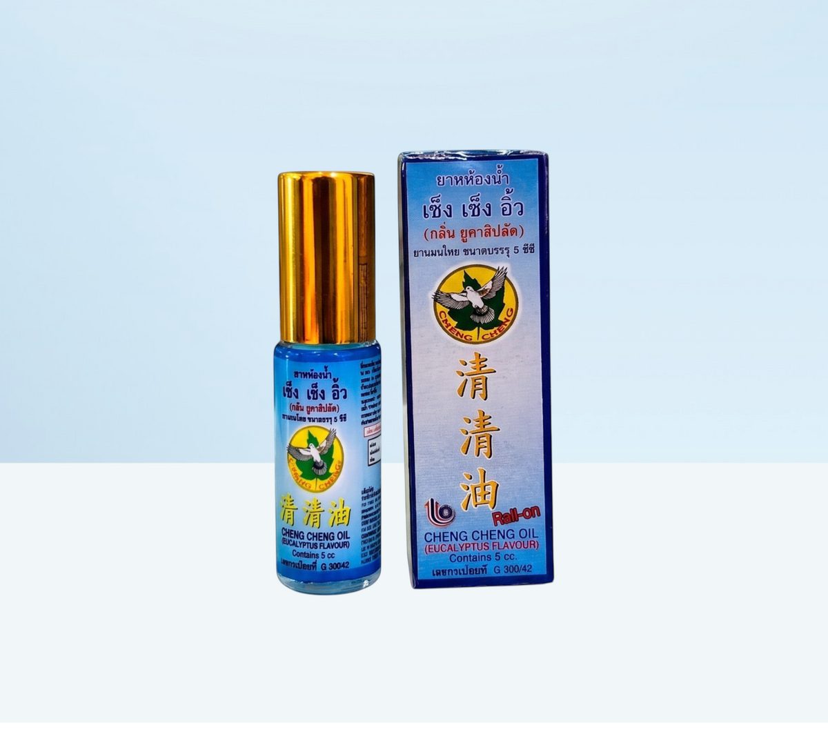 Thai Ranee CHENG CHENG eucalyptus herbal roll-on oil bottle and blue packaging box on a marble surface