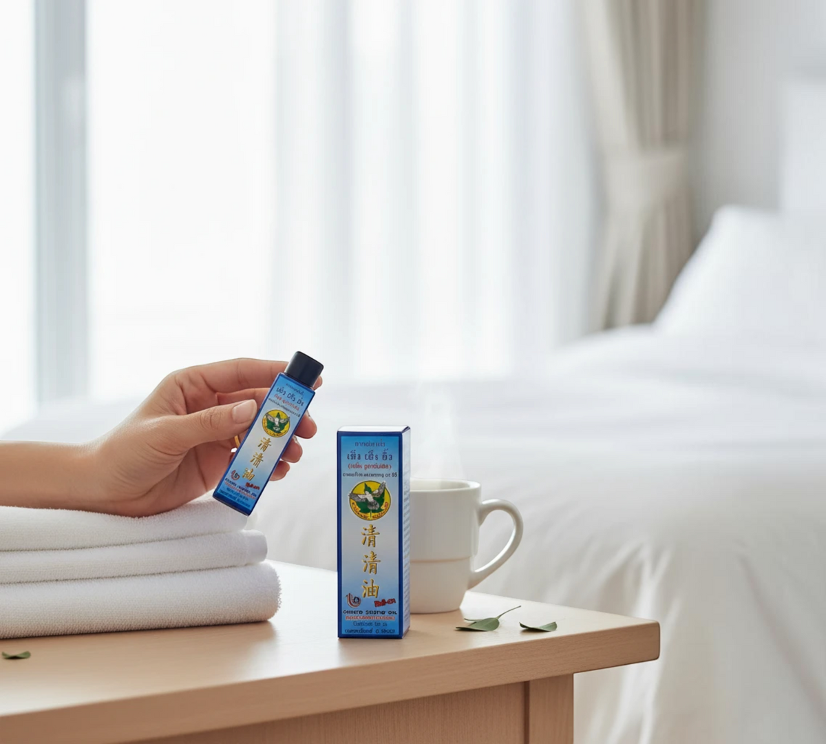 Thai Ranee Cheng Cheng Oil roll-on with eucalyptus scent, featuring a blue bottle and box on a wooden table.