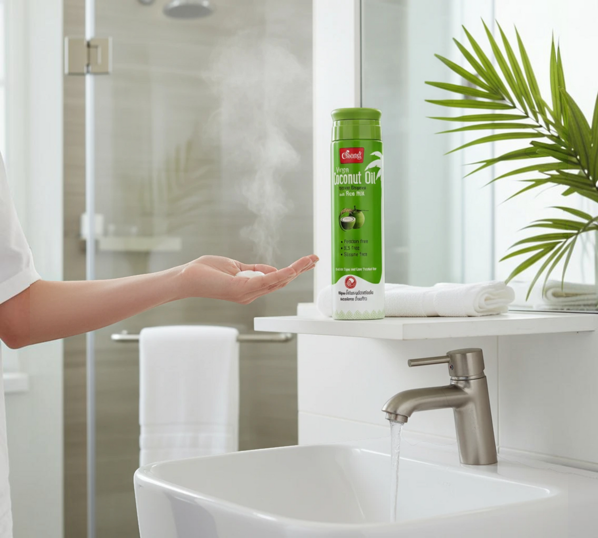 Thai Ranee Caring virgin coconut oil and rice milk shampoo bottle on a bathroom shelf with a hand holding foam