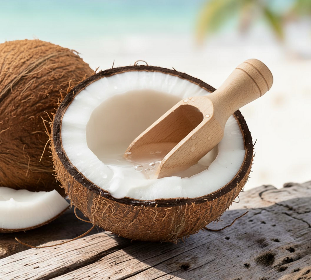 Thai Ranee virgin coconut oil and rice milk shampoo ingredients featuring a halved coconut and a wooden scoop