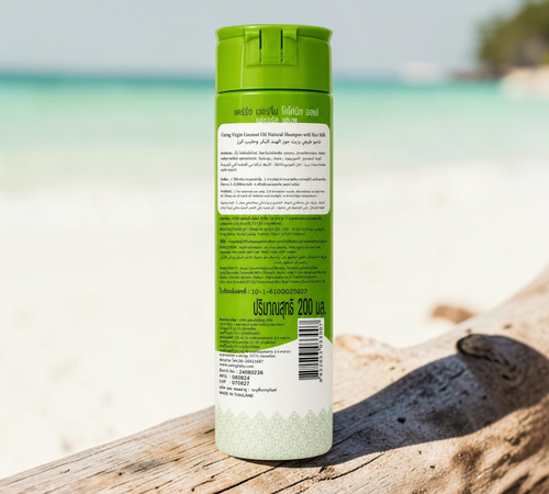 Thai Ranee Caring Virgin Coconut Oil and Rice Milk shampoo bottle with green cap and detailed product information