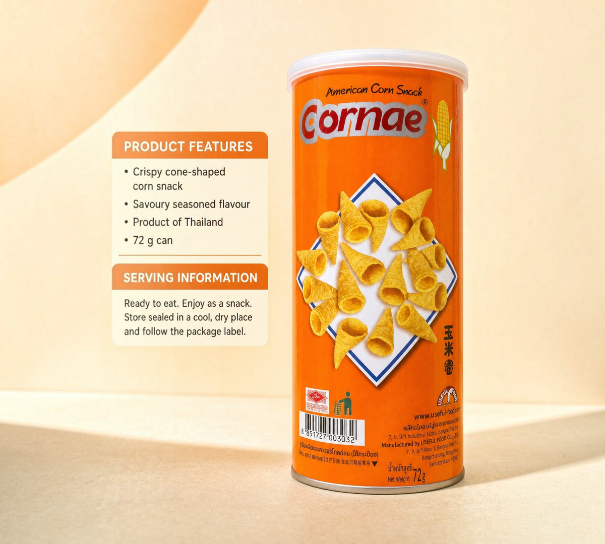 Thai Ranee Cornae American corn snack in a 72g cylindrical can with crispy cone-shaped savoury corn pieces.