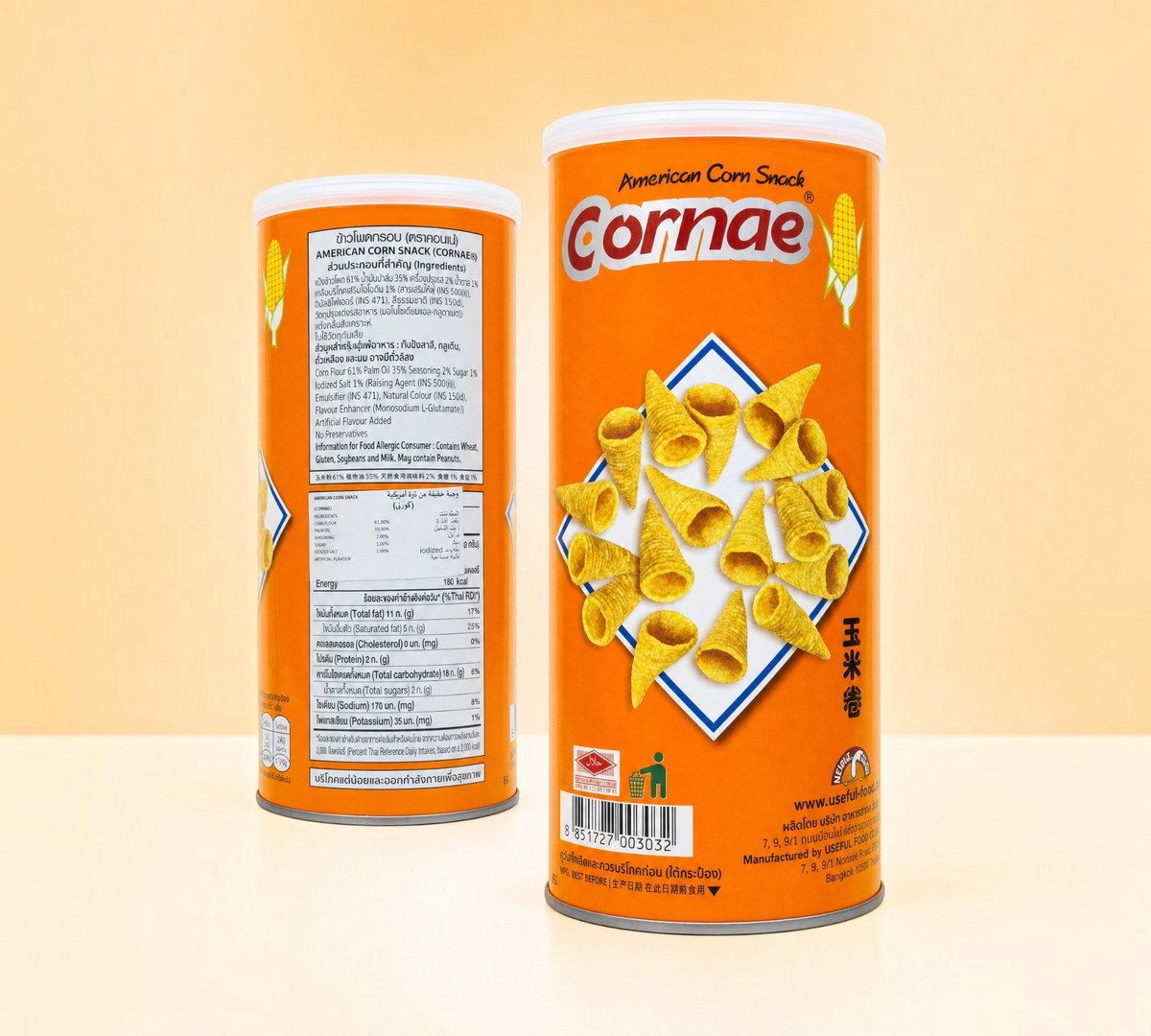Thai Ranee Cornae American corn snacks in a cylindrical can with crispy cone-shaped pieces shown on the label