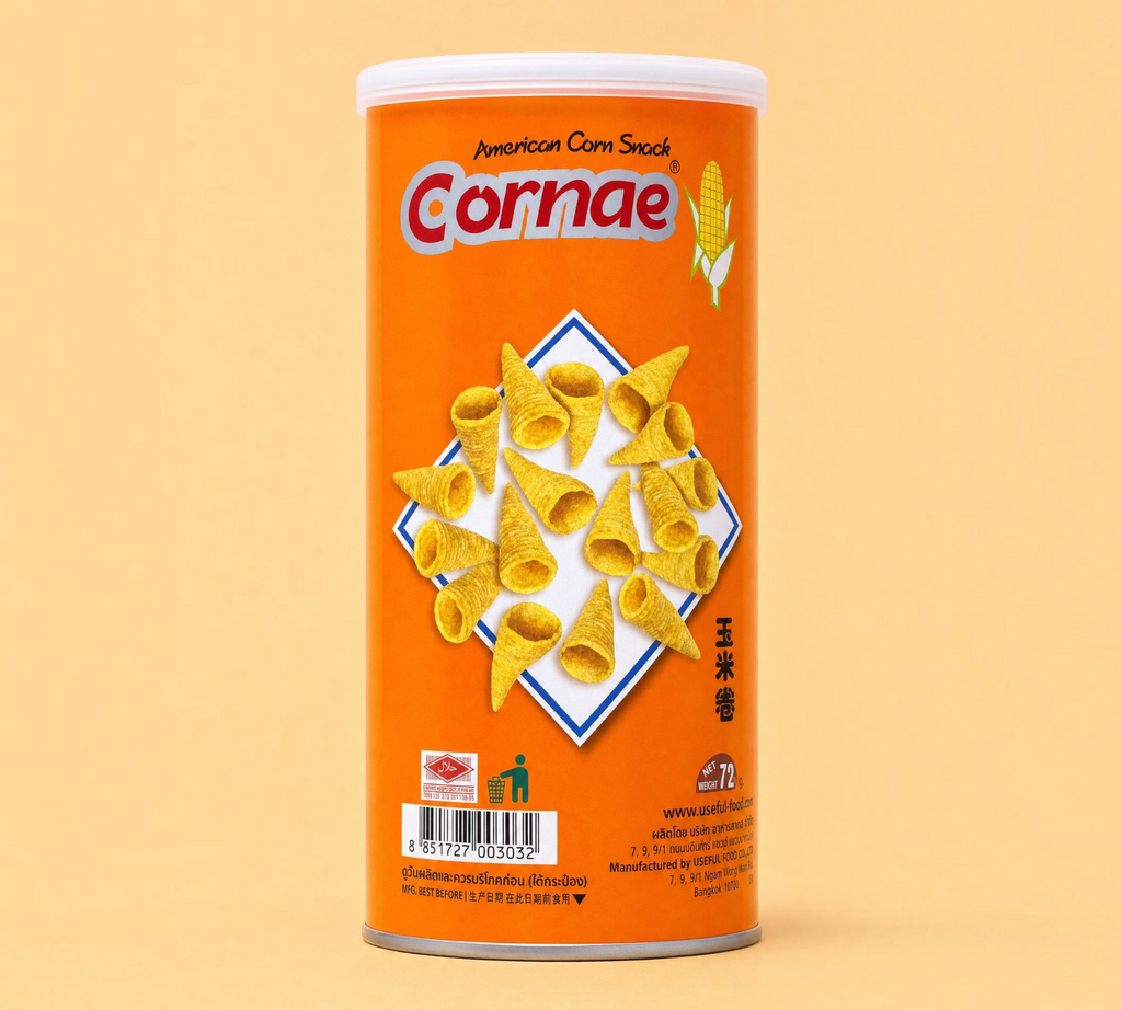 Thai Ranee Cornae American corn snack in a 72g orange cylindrical can featuring crispy cone-shaped corn chips.