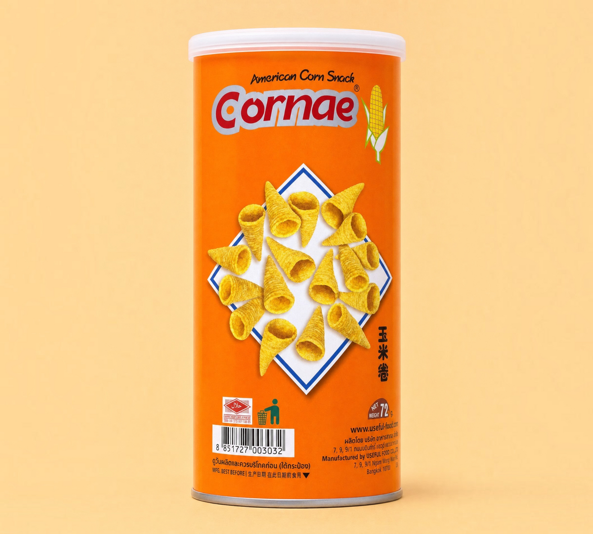 Thai Ranee Cornae American corn snack in a 72g orange cylindrical can featuring crispy cone-shaped corn chips.