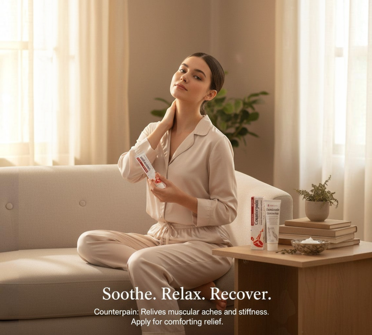 Thai Ranee Counterpain analgesic balm tube held by a woman in loungewear for soothing muscular aches and stiffness.