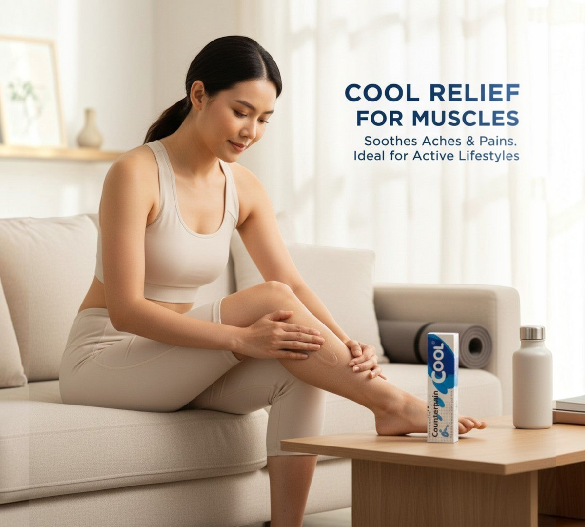 Thai Ranee Counterpain Cool analgesic gel being applied to a woman's leg for muscle relief in a bright living room.