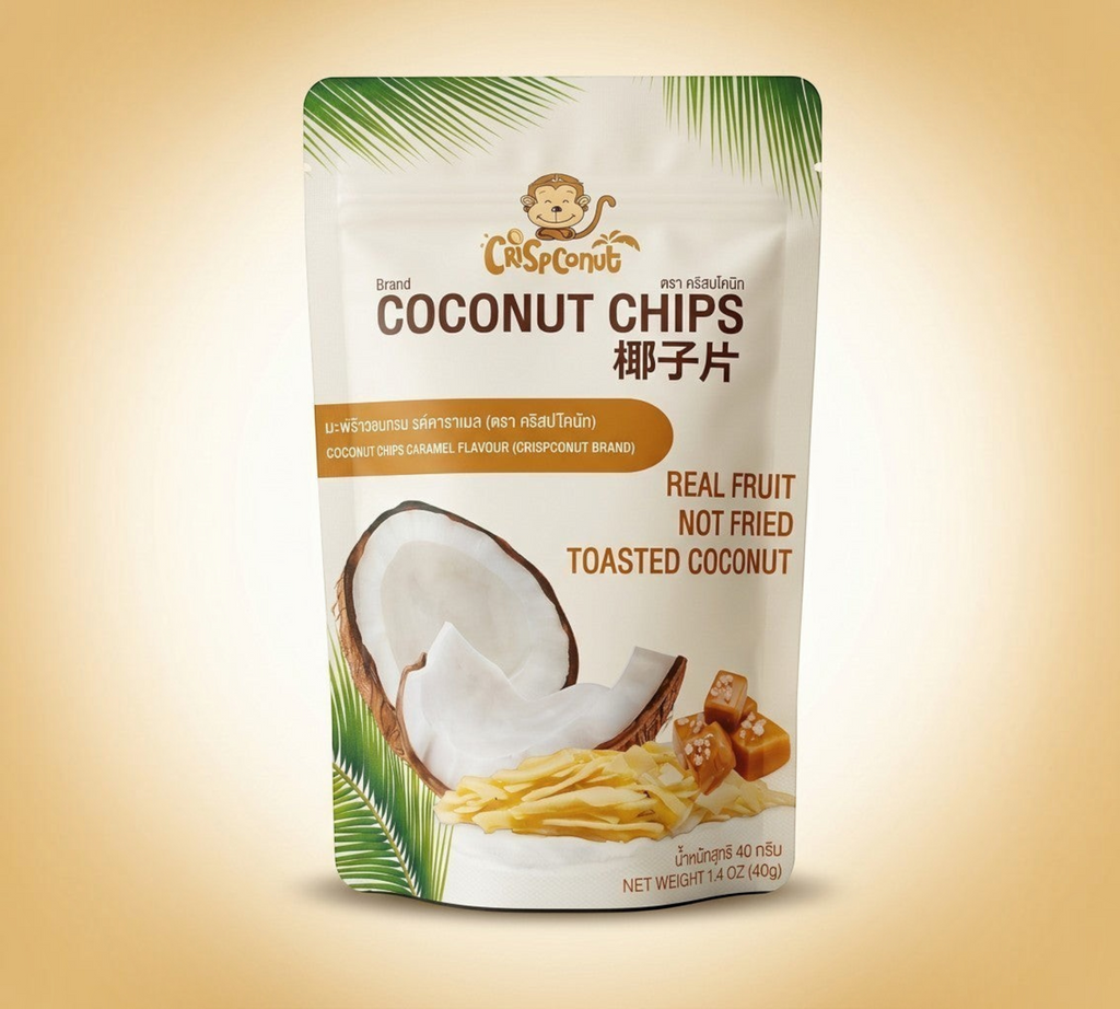 Thai Ranee Crispconut caramel flavoured toasted coconut chips in a resealable 40g pouch with coconut and caramel imagery