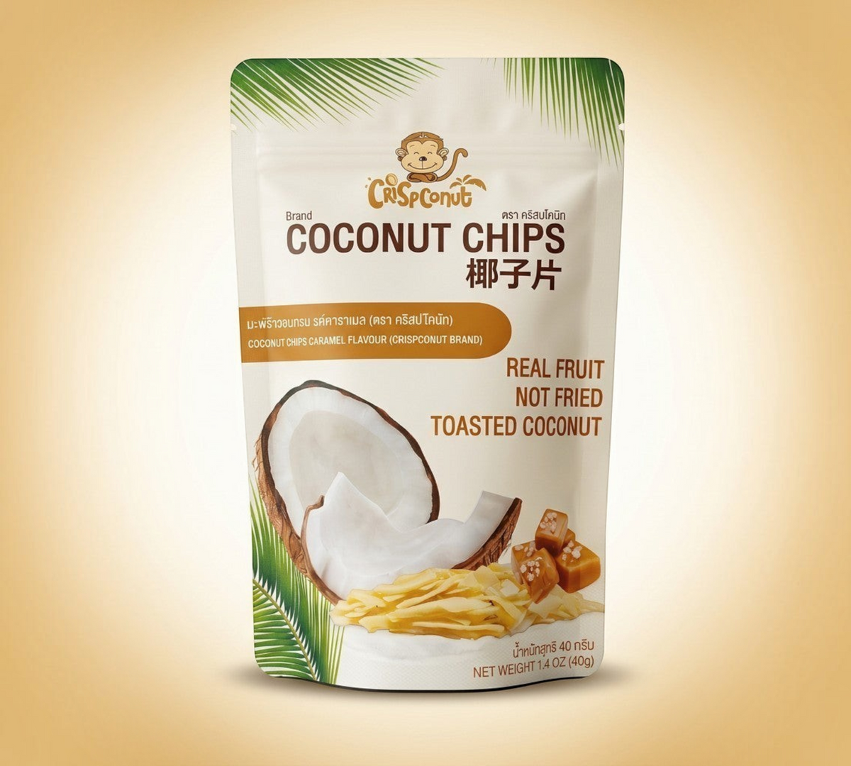 Thai Ranee Crispconut caramel flavoured toasted coconut chips in a resealable 40g pouch with coconut and caramel imagery
