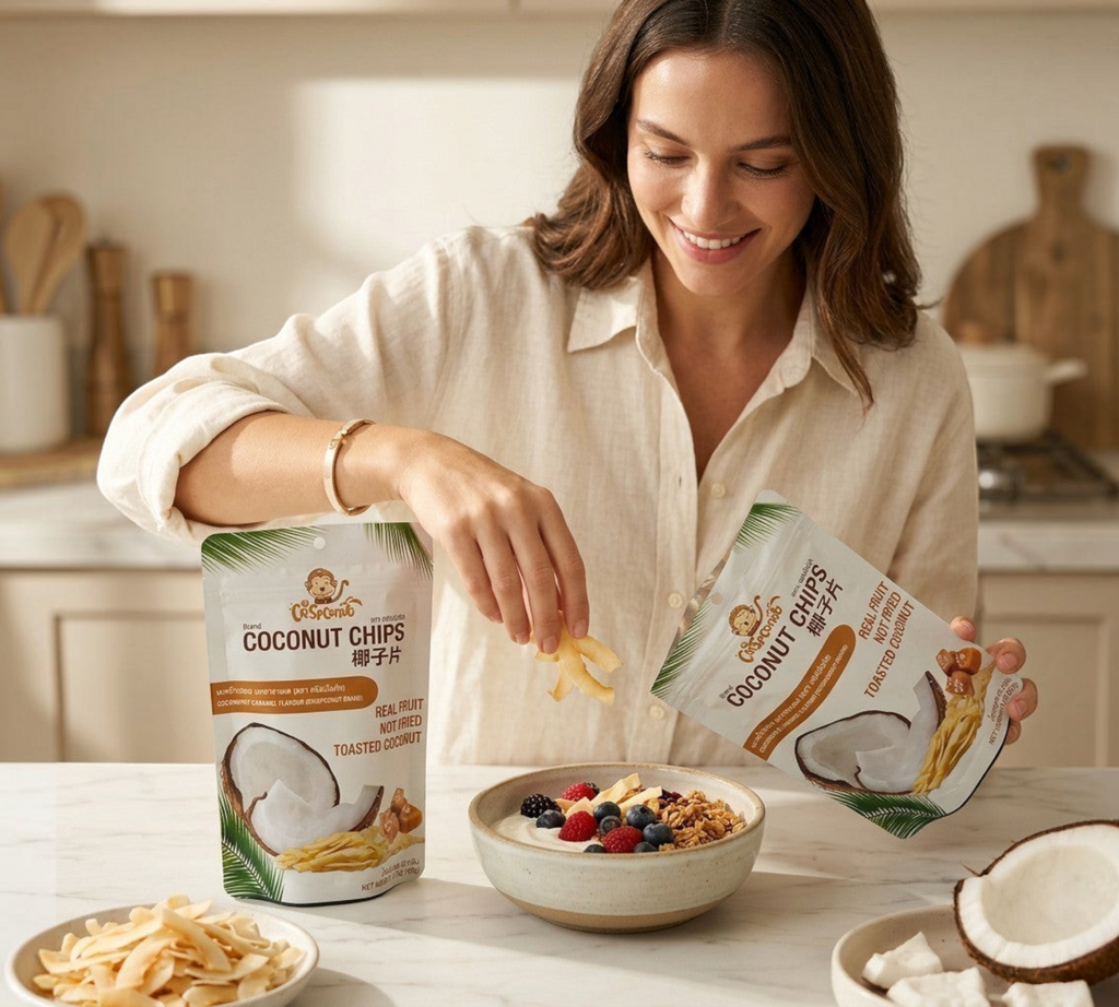 Thai Ranee Crispconut caramel toasted coconut chips being sprinkled over a yoghurt bowl by a smiling woman in a kitchen