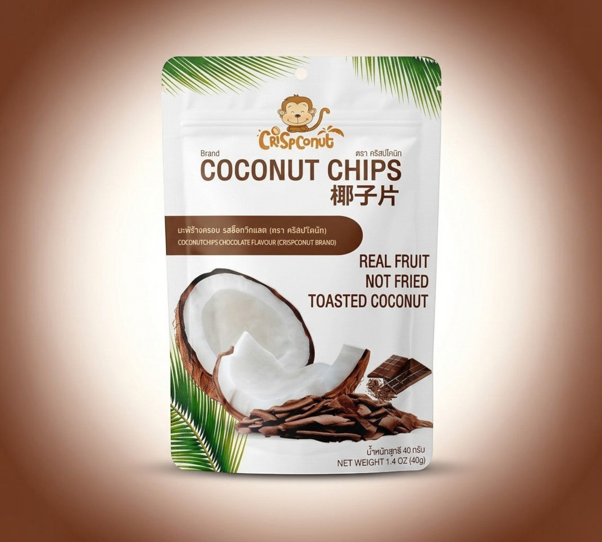 Thai Ranee Crispconut chocolate flavoured toasted coconut chips in a 40g snack pouch with tropical palm leaf design