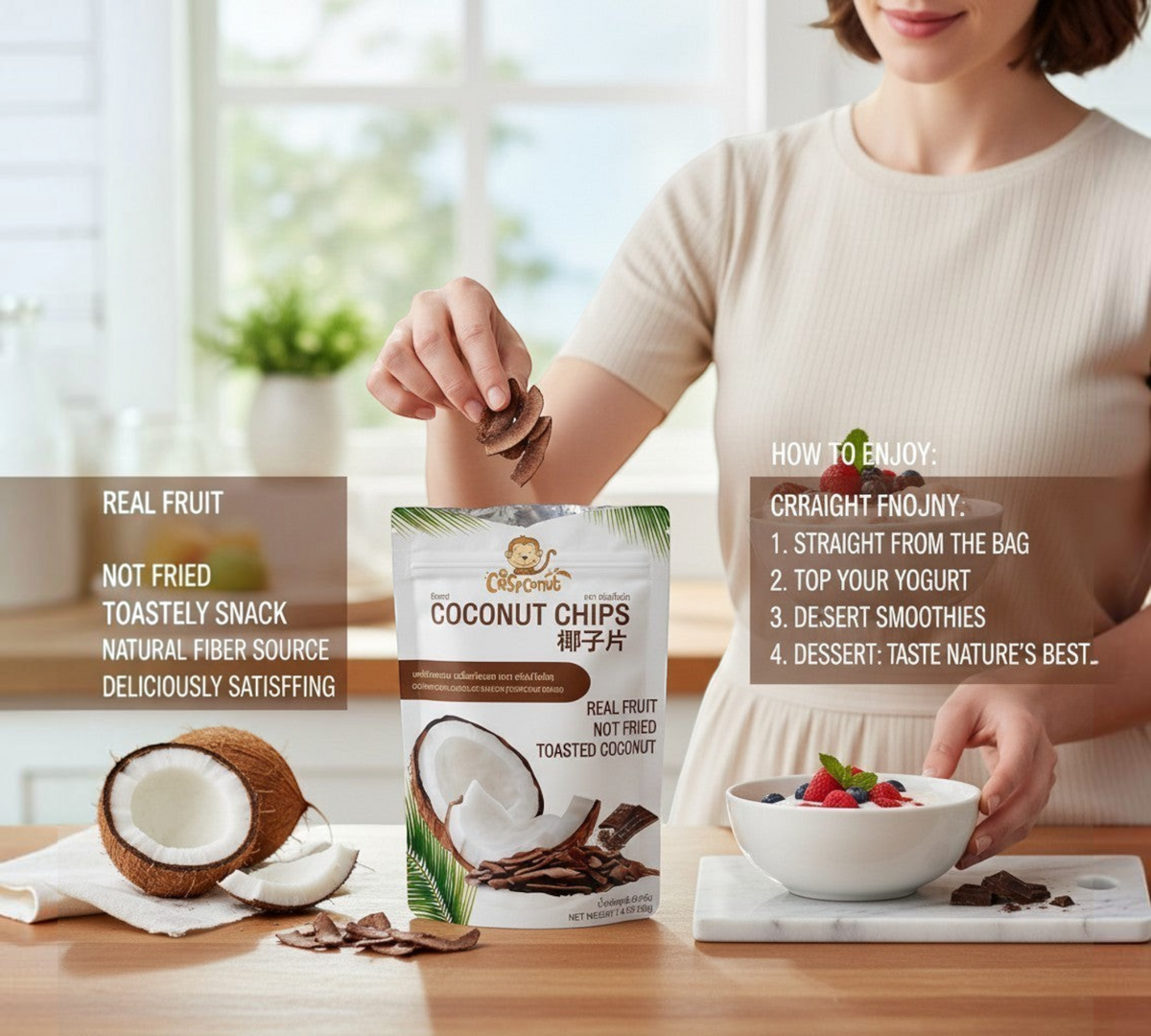 Thai Ranee Crispconut chocolate toasted coconut chips in a 40g pouch being sprinkled over a yogurt bowl by a woman.