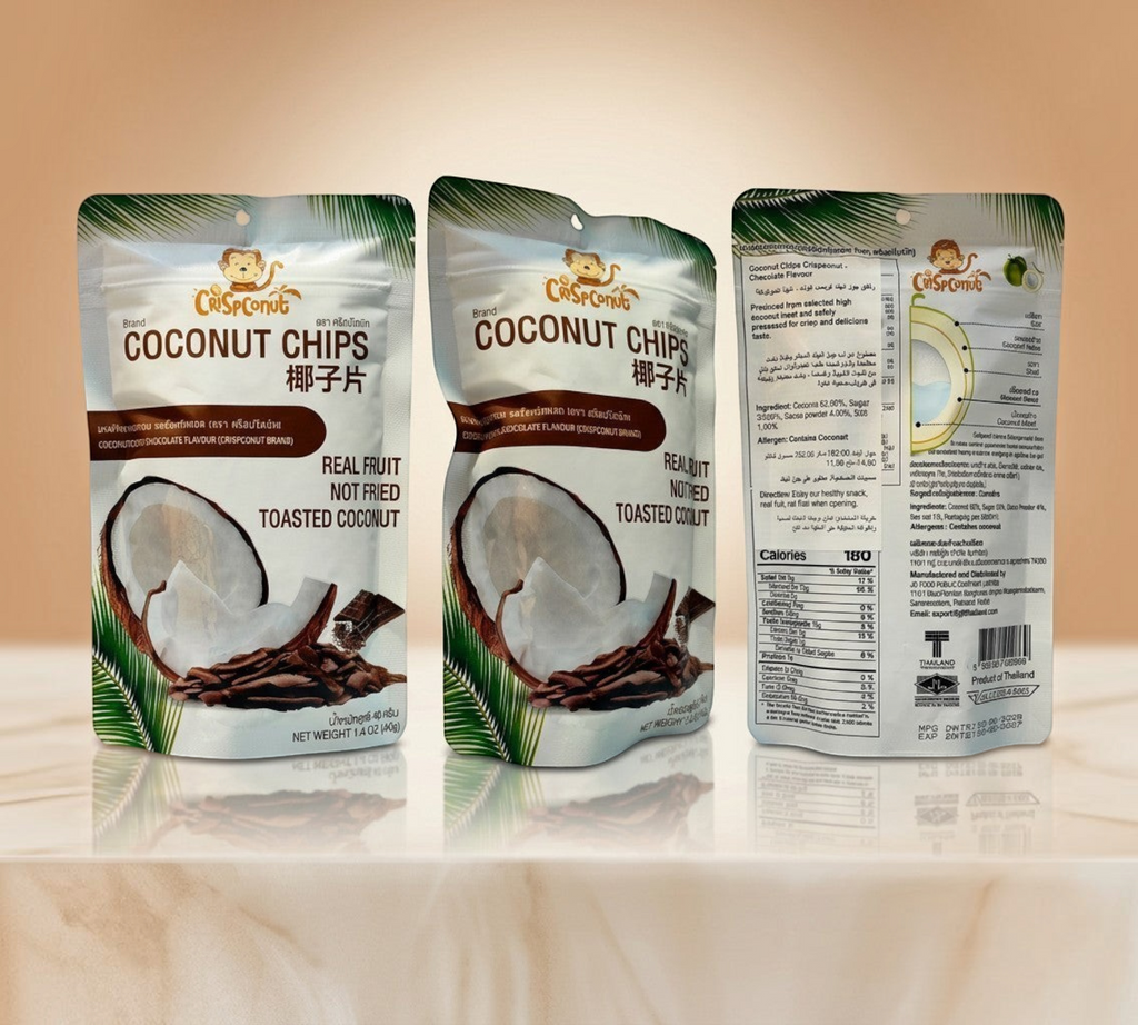 Thai Ranee Crispconut chocolate flavoured toasted coconut chips in a 40g snack pouch with tropical coconut imagery.
